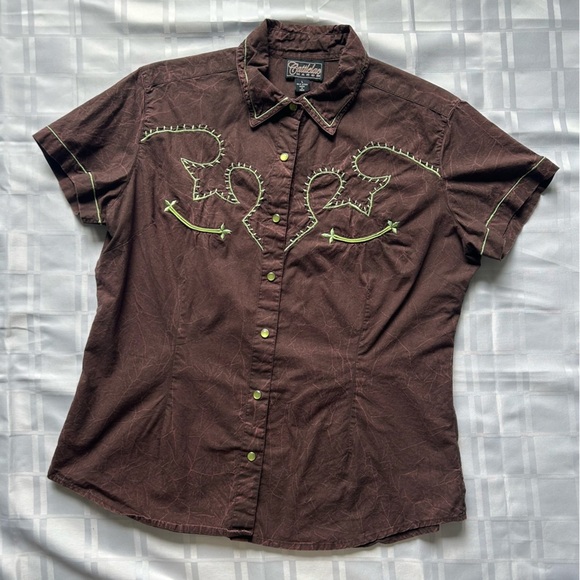 Cattleac Ranch Brown Short Sleeve Snap Closure Green Western Style Stitch Top - Picture 1 of 9